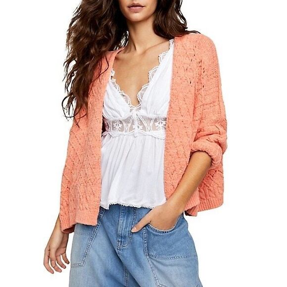 Free People Sunset Cruise Orange Sorbet Oversize Boho Travel Cardigan Size Large - Picture 2 of 9